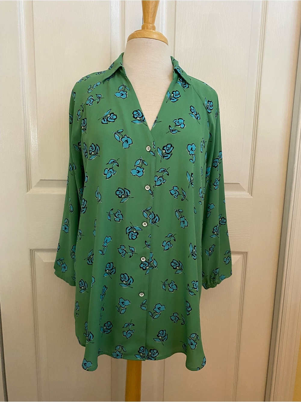 CAbi Green Button-Front Floral Shirt with Blue Blooms